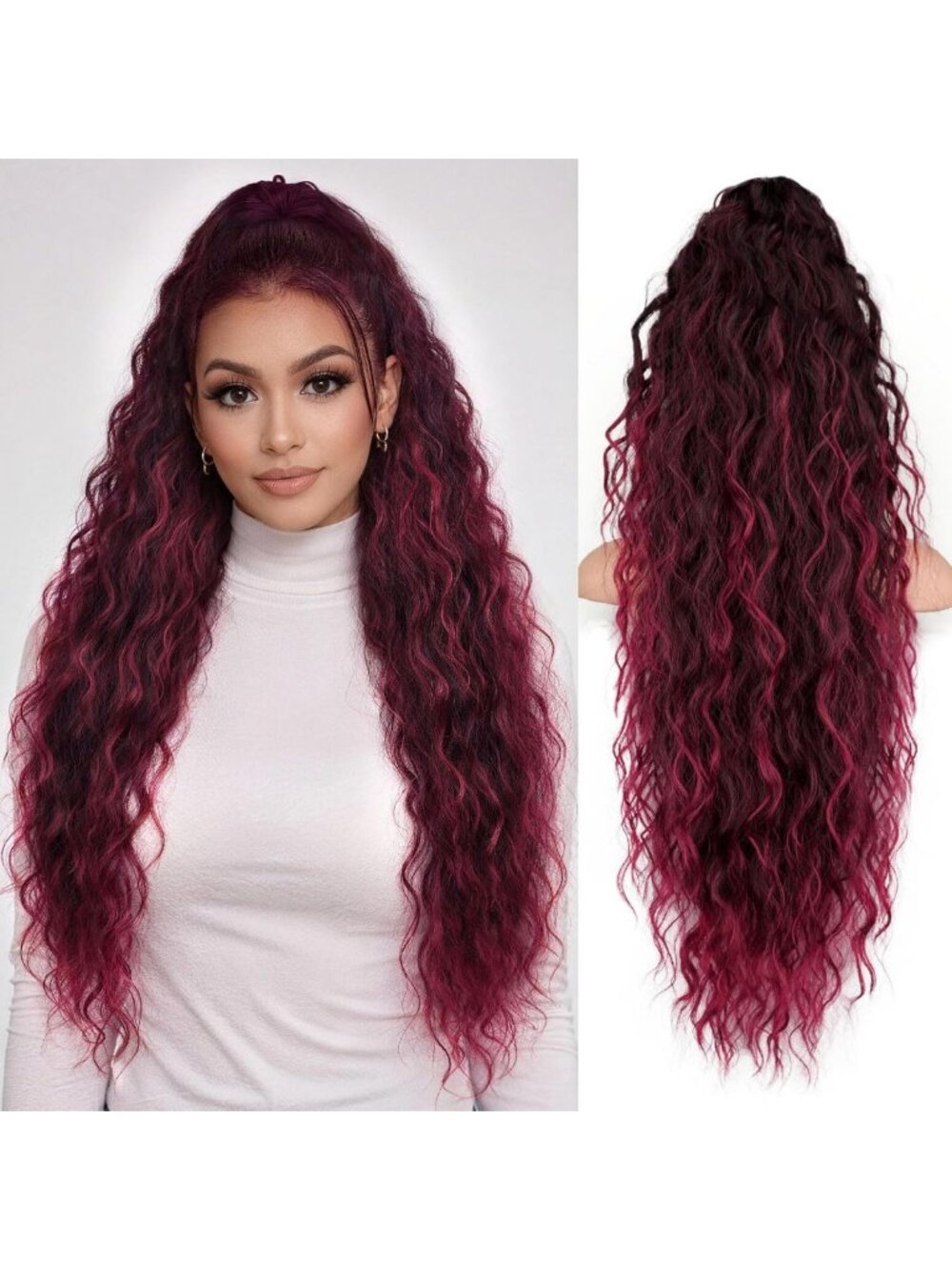 30" Curly Ponytail Extension - Fluffy Clip-In Claw Hairpiece, Ombre Burgundy